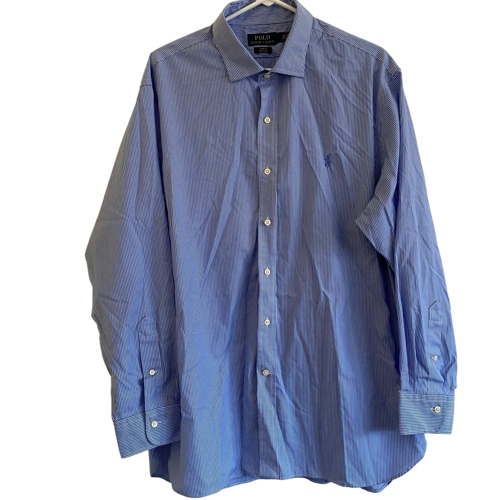 Polo Ralph Lauren Slim Fit Easy Care Men's button down dress shirt Blue Stripe